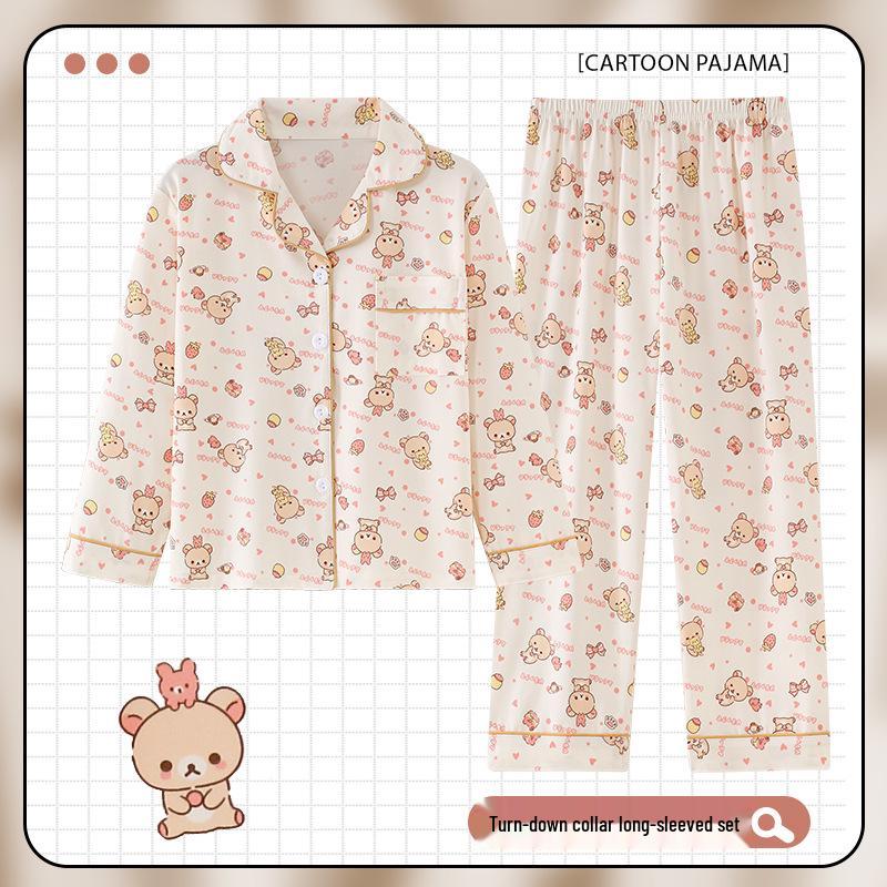 Children's Cartoon Print Pajama Set - Long Sleeve Cardigan with Turn-Down Collar, Imitation Cotton, for Spring and Autumn