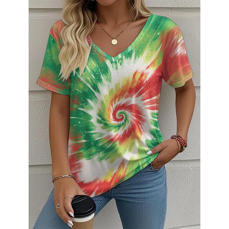 Women's T-Shirt Tie-Dye Gradient Printing Fashion Casual V-Neck Short-Sleeved Outdoor Street Summer Women's Clothing