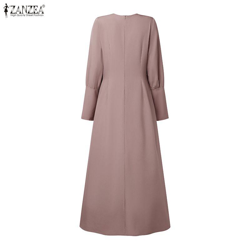ZANZEA Muslim Casual Round Neck Long Sleeve Loose Women Long Dress