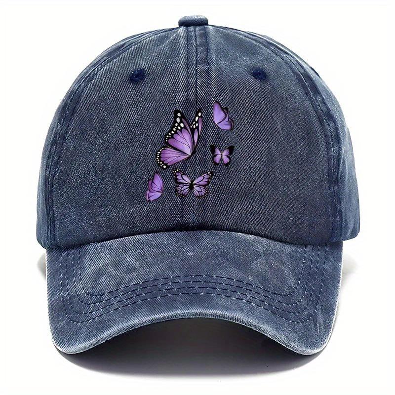 Purple Butterfly Print Baseball Cap Vintage Washed Polyester Casual Adjustable Sun Protection Adult Hat