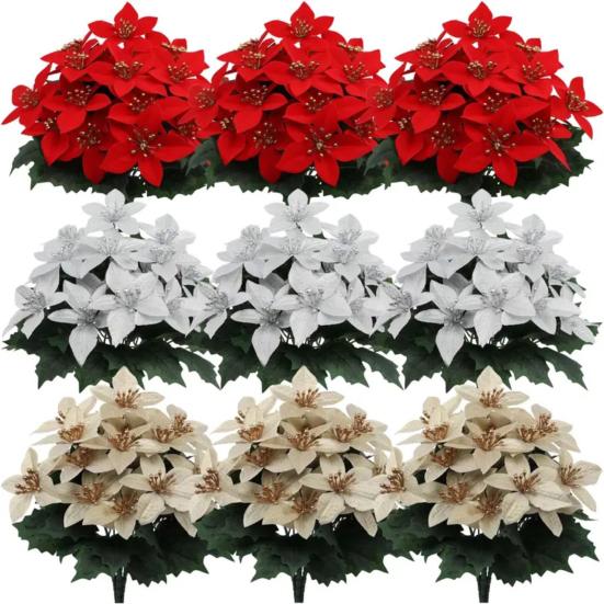 Artificial Poinsettia Bouquet with Green Leaves 4 Fork UV Resistant Fake Silk Flower Home Table Centerpiece Indoor Outdoor Faux Bloom Decoration