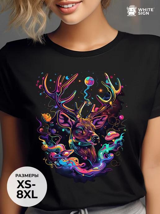 Space Deer print oversized cotton T-shirt 3XL