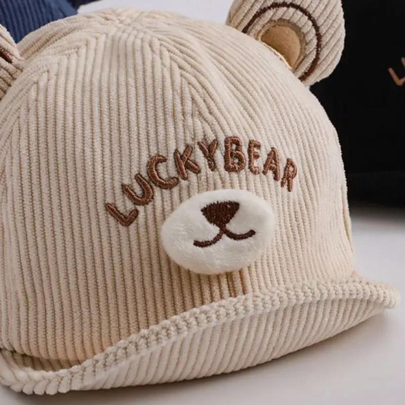 Spring Autumn Corduroy Baby Cap Cartoon Bear Infant Toddler Baseball Cap With Ears Soft Brim Boys Girls Duck Tongue Hat