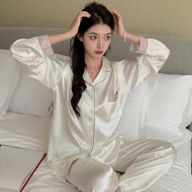 Pajamas Women's Satin Long-sleeved Pajamas Pajamas Suit Flower Printed High-grade Ice Silk Can Be Worn Outside Home Wear Pajamas