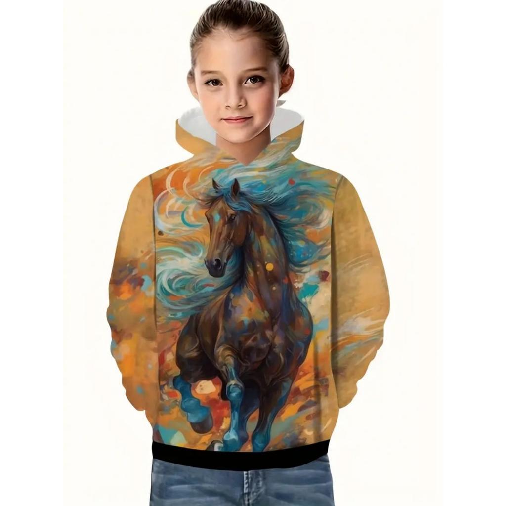 Cool Horse Girl Clothes Animals 3D Print Autumn Long Sleeve Hoodies Loose Lightweight Sweatshirt Comfortable Children's Clothing