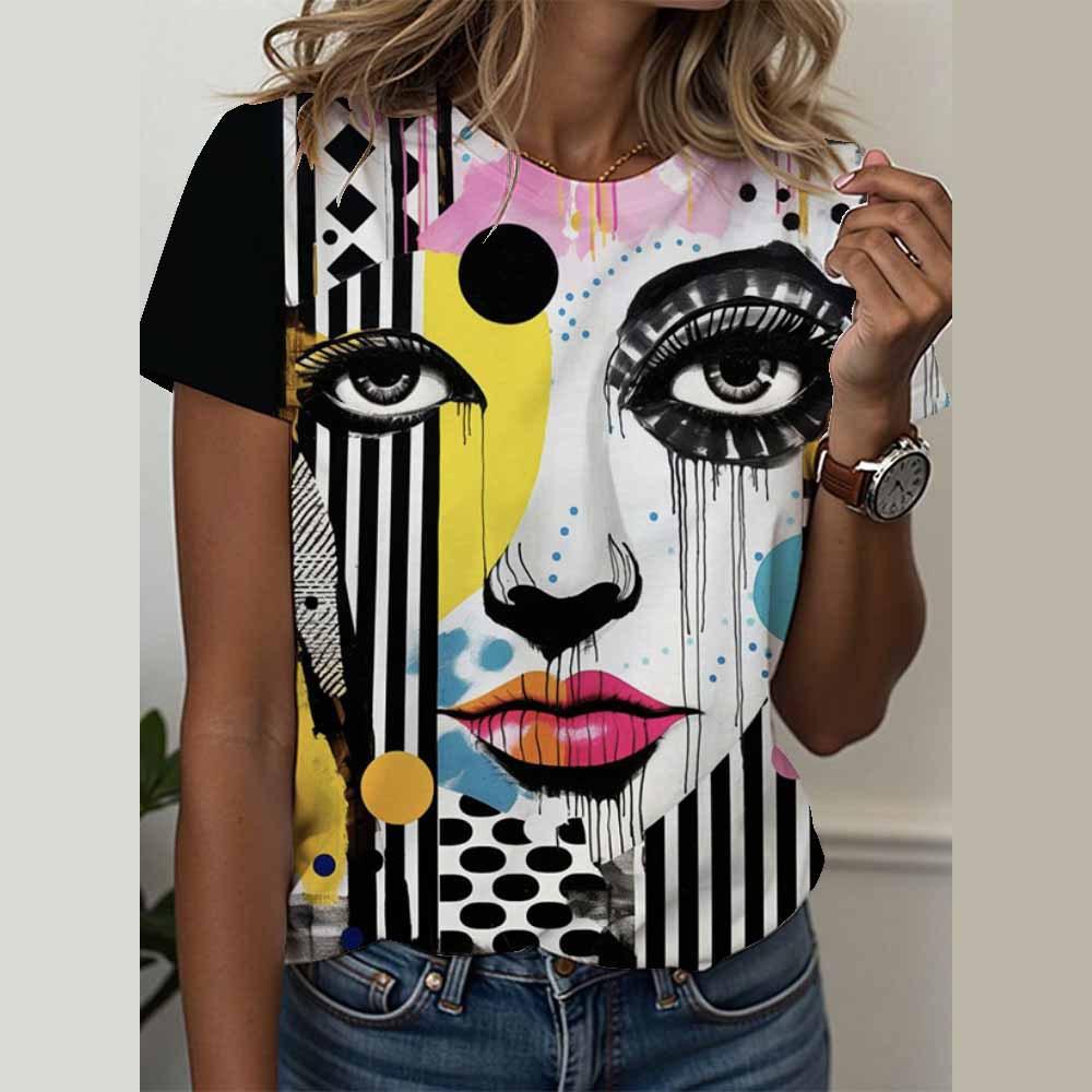 3D Short Sleeved Summer T-shirt for Women's Cami Abstract Image Printed Cartoon T-shirt