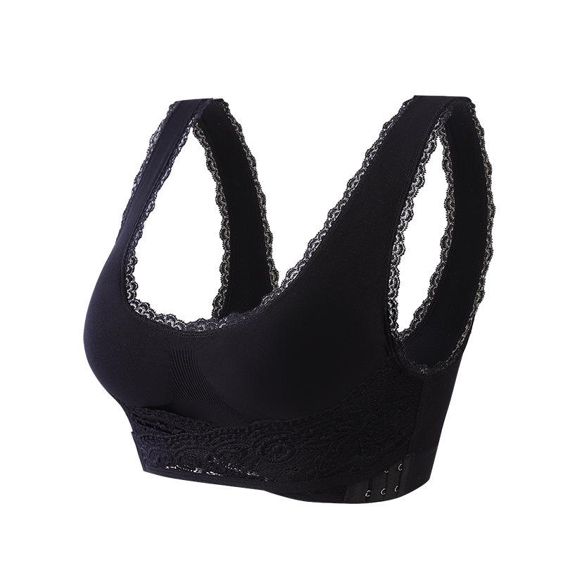 Plus Size Wirefree Sports Bra with Front Cross Buckle, Adjustable Support for Yoga & Running, Lace Trim 