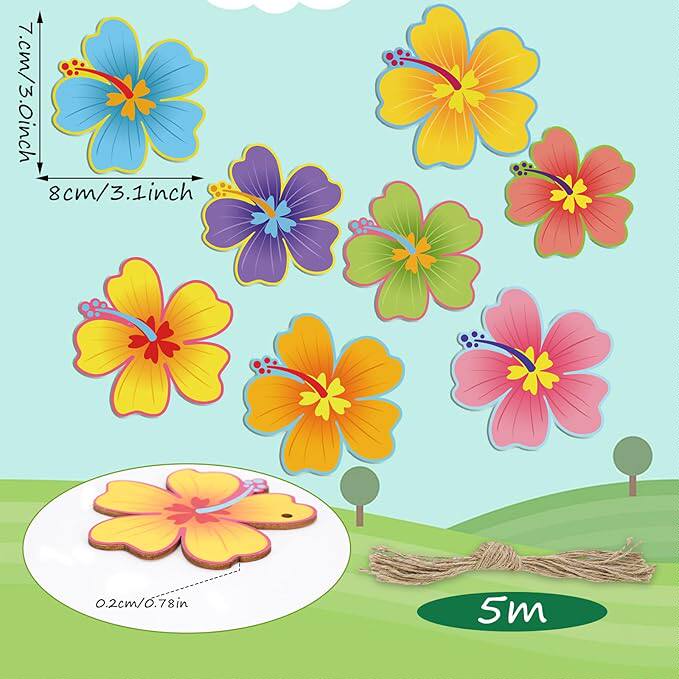 

8pcs Hibiscus Flower Wooden Hawaiian Themed Art Décor Classroom Wall Art Bulletin Board Decorations Set for Summer Baby Shower