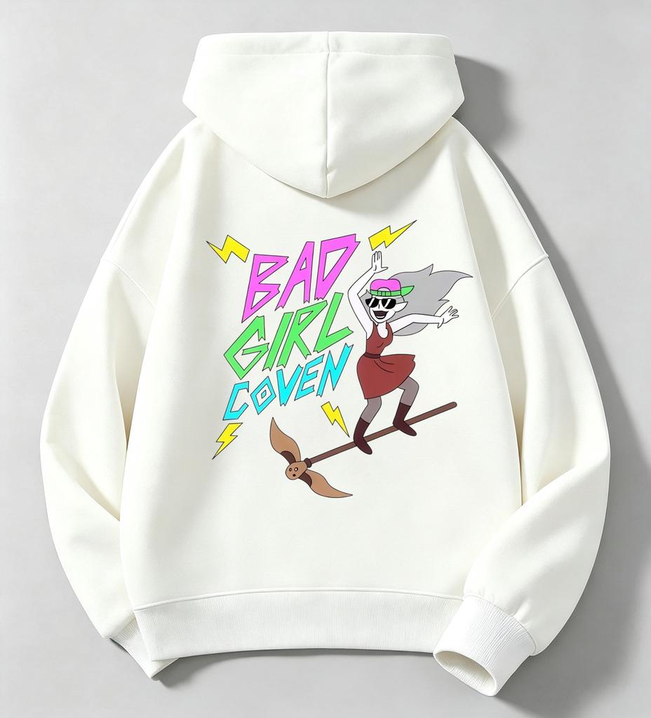Latest color print of bad girl witch broom on children's hooded sweatshirt.Teenage loose oversized retro cartoon pullover hoodie