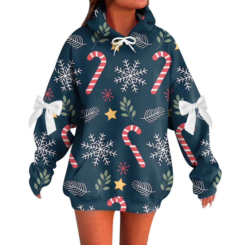 Ladies' Christmas Printed Bow Long Sleeved Loose Fitting Headband With Rope Hooded Sweatshirt Top