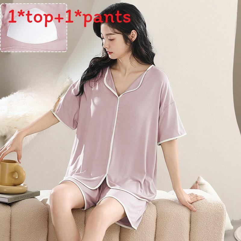 Womens Summer Sleep Suit With Round Neck Short Sleeve Top And Shorts For Relaxed Lounge Wear