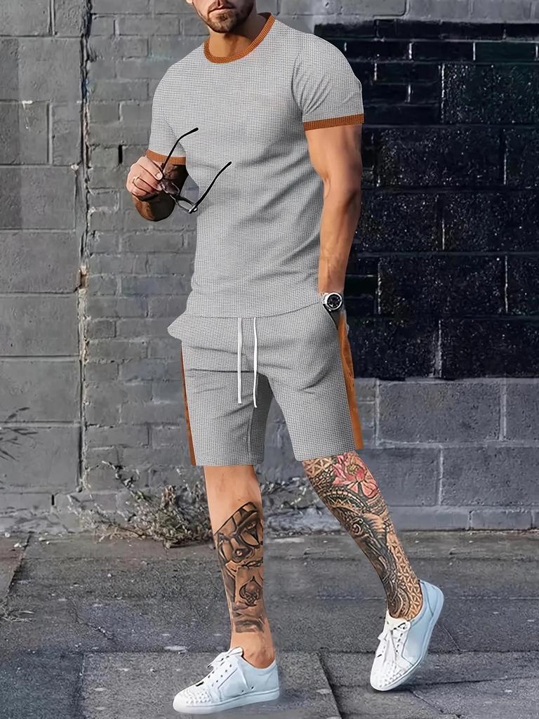 Men's Casual Solid Color Round Neck T-shirt and Short Sleeve Suit – Summer Sports Style 2025