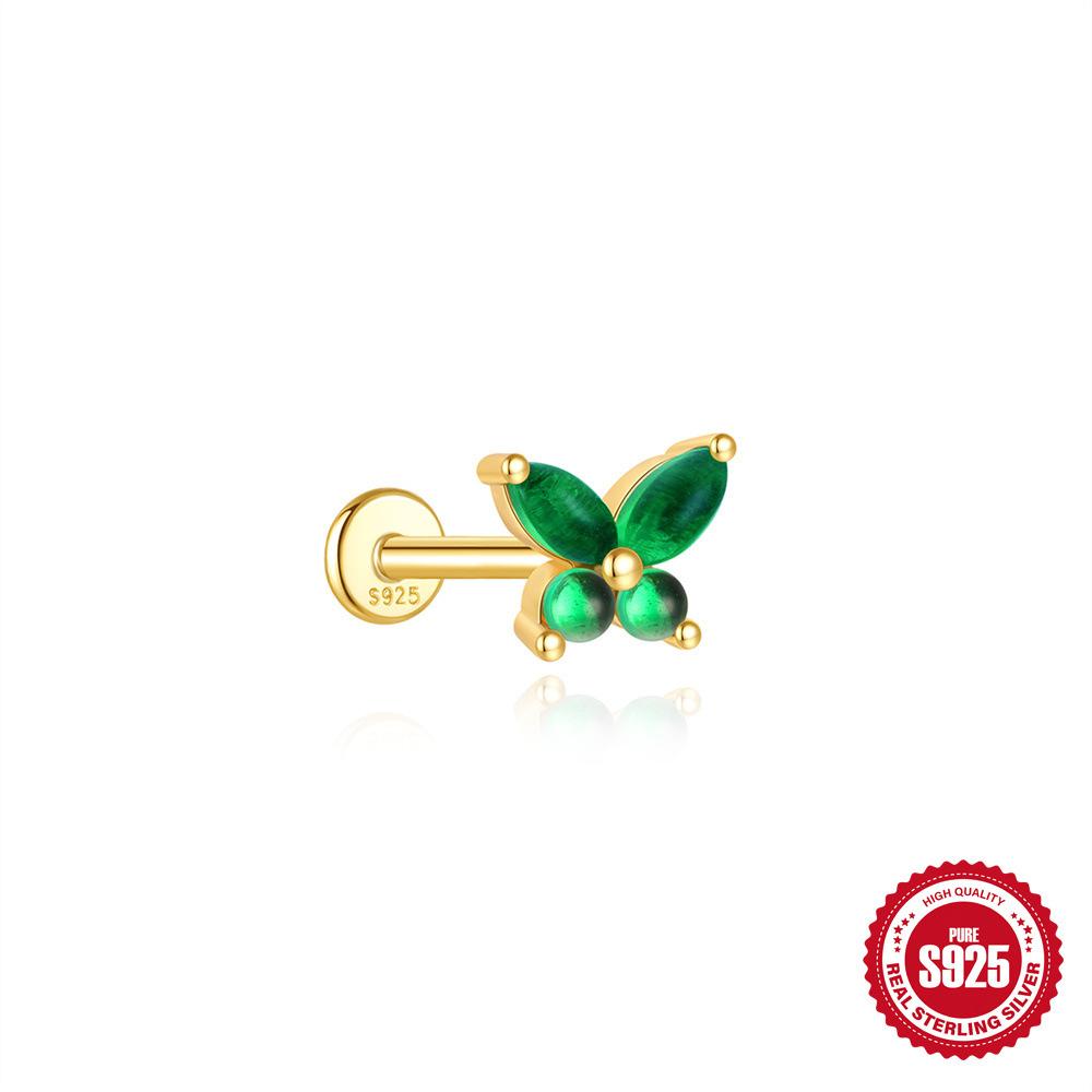 S925 Sterling Silver Green Fresh Retro Red Color Flat Head Stud Earrings Round Personality Versatile Earbone Stud Puncture