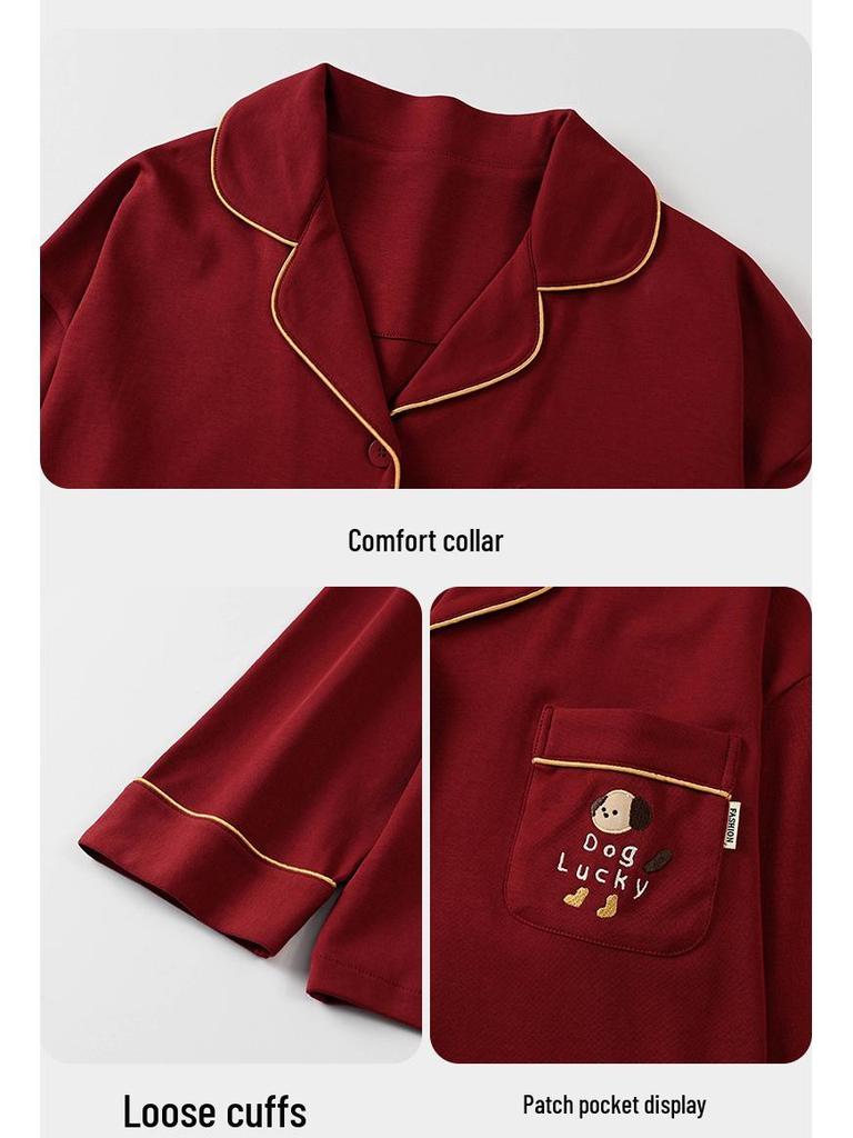Red Zodiac Festive Couple Pajama Set - Tencel Cotton, Long Sleeve Cardigan for Spring/Autumn