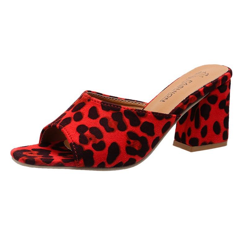 Women's Leopard Print High Heel Slippers with Square Toe and One Strap Design