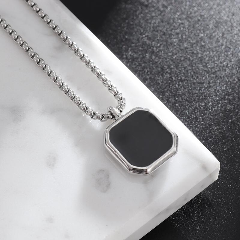 Stainless Steel Classic Geometric Polygonal Black Square Natural Stone Necklace Pendant for Men Fashion Casual Punk Jewelry Gift