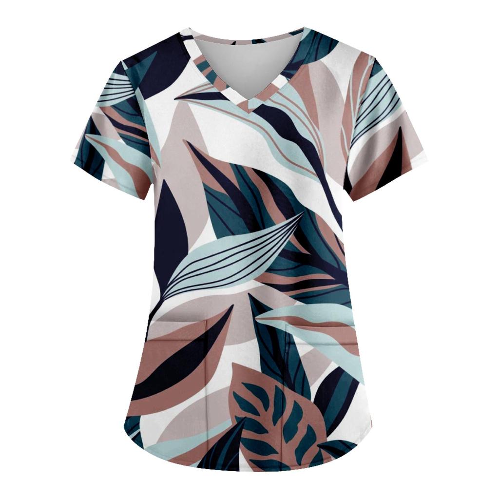 Women's Fashion Printed Work Uniform With Pocket T-Shirt Short Sleeve Top