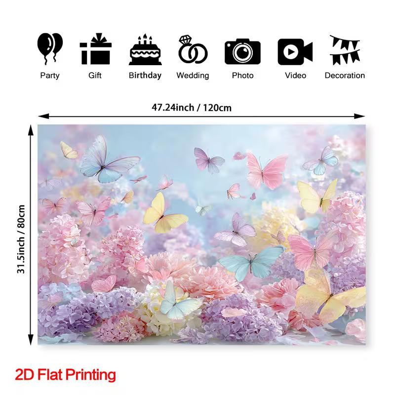 2D Pastel Aesthetic Banner, Hydrangea Garden with Colorful Butterflies