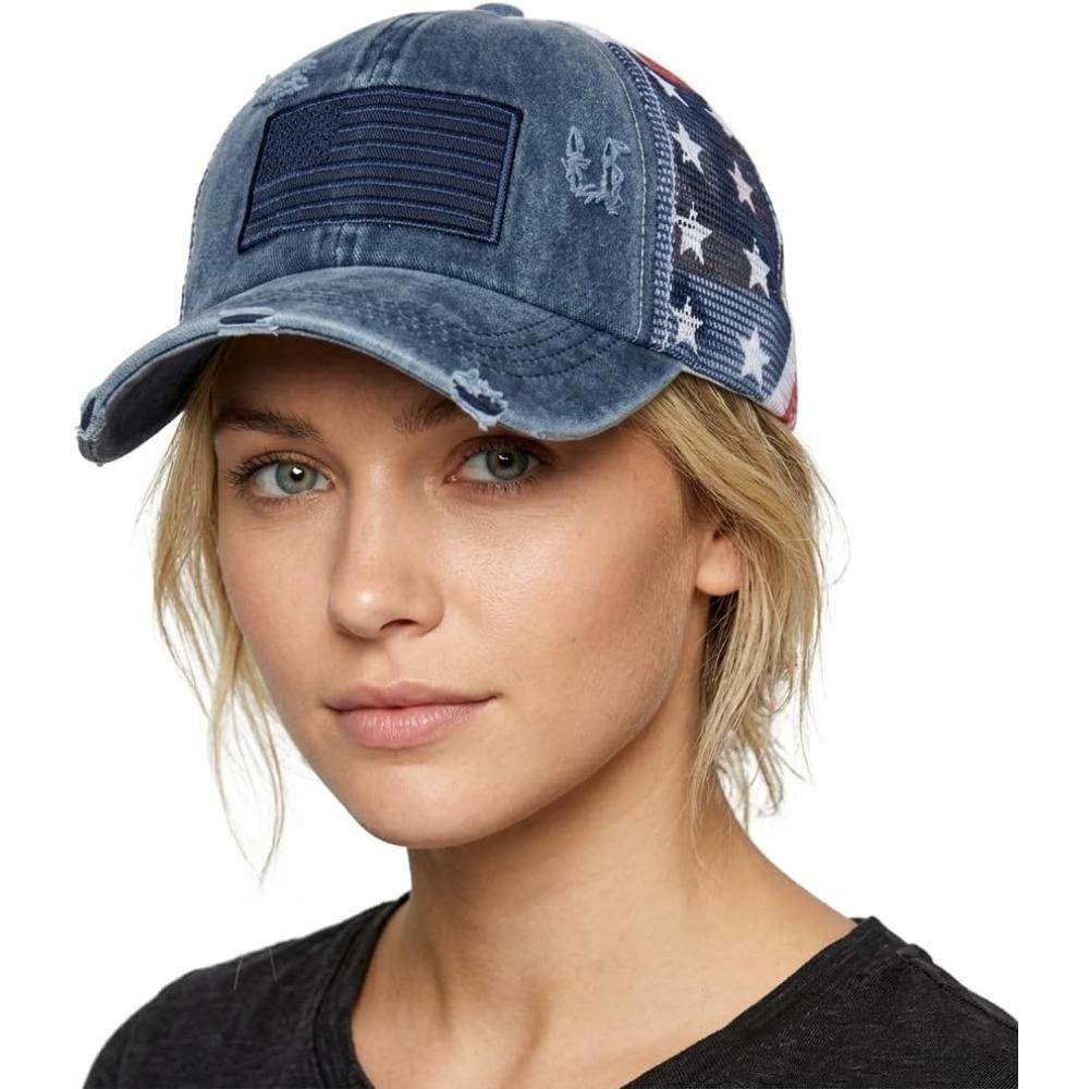 Ponytail Baseball Cap, Embroidered American Flag Distressed Trucker Hat, Mesh Adjustable Breathable Patriotic Cap
