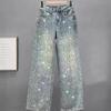 Jeansi cu Diamante cu Capse Femei Primavara Toamna Stralucitori Pantaloni cu Picior Larg Drepti Largi Denim