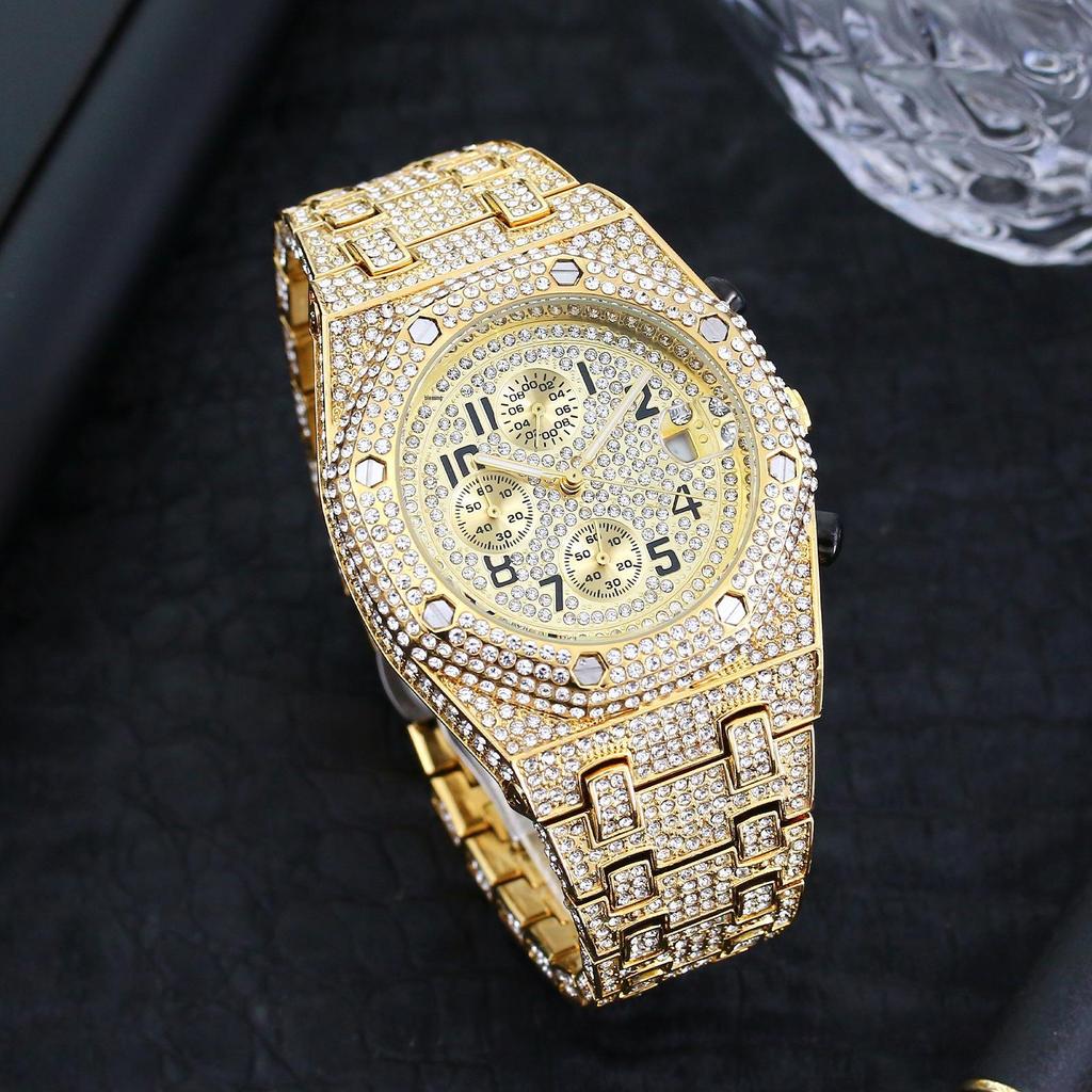 MISSFOX Men's Hip-Hop Fashion Chronograph: Full-Diamond Three-Eye Small Dial Sport Watch