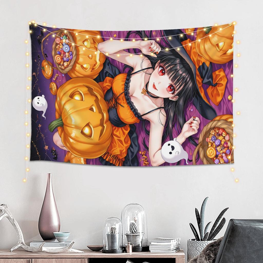 Halloween Girl Pumpkin Mountain Print Tapestry Wall Hanging Blanket Tapestry Home Decor Items Wall Decorations