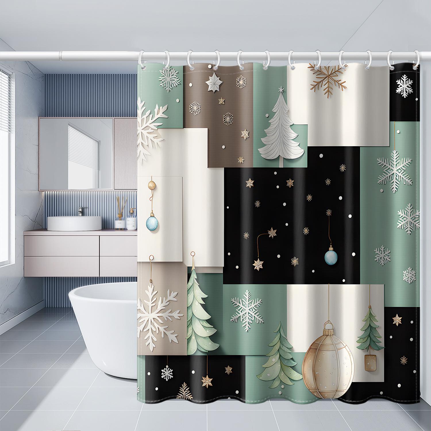 

1 piece of colorful geometric grid Christmas tree reindeer shower curtain with plastic hook, cartoon Christmas printed bathroom 180*180cm