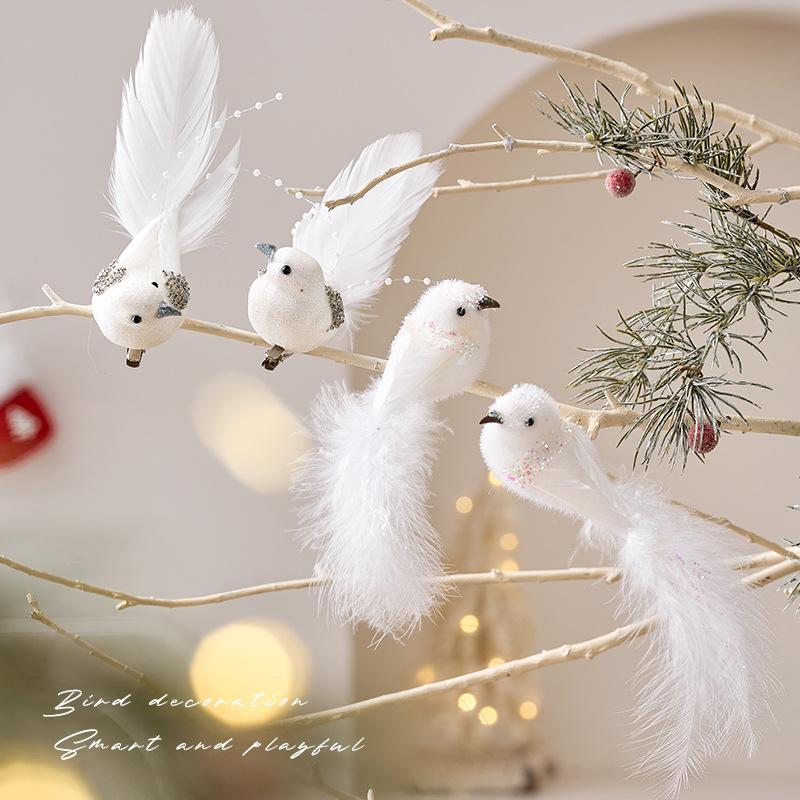 2Pcs Christmas Tree Pendant Bird Decoration White Foam Simulated Bird Pendant Artificial Handmade Christmas Decoration New Year