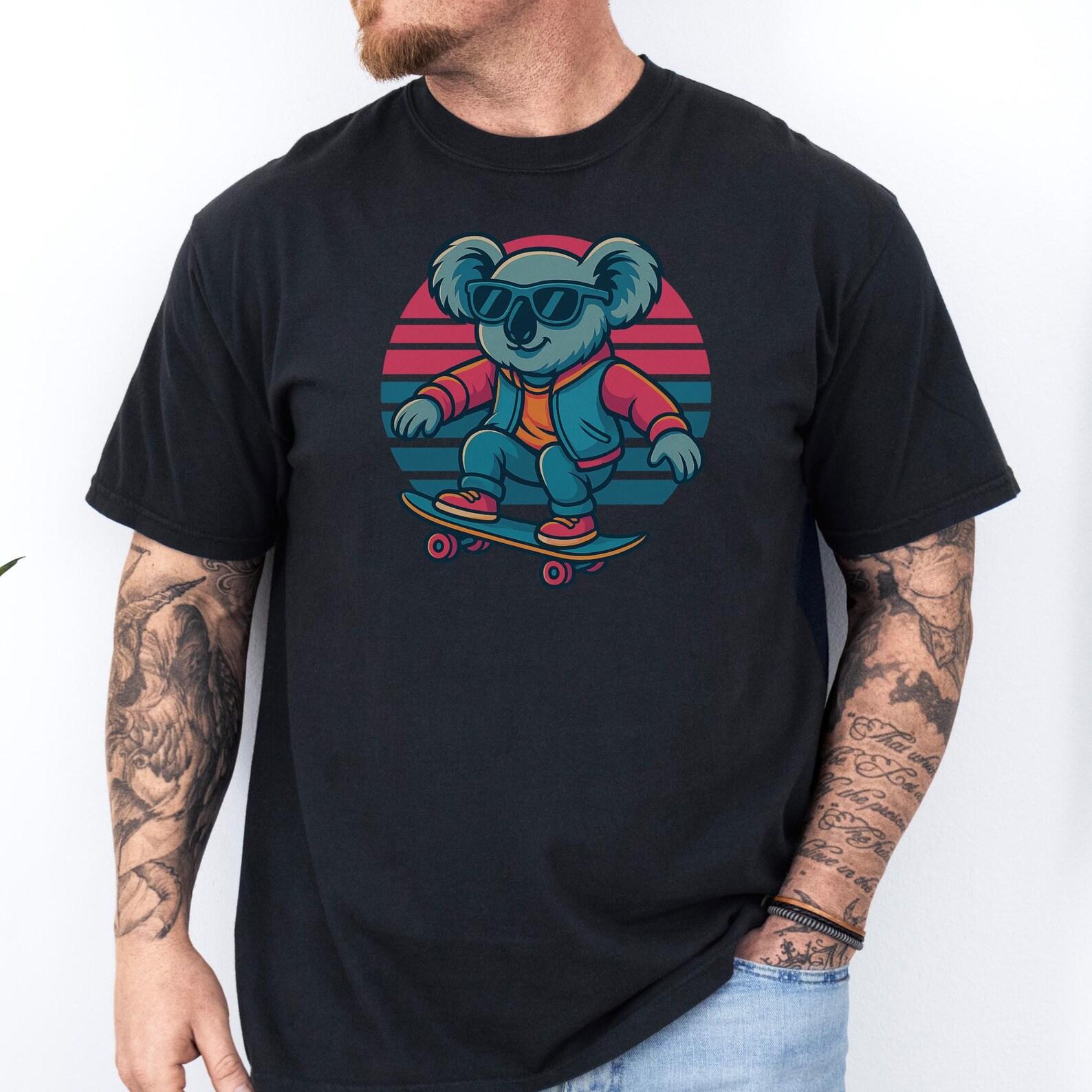 Skater Koala Shirt, Retro Neon Animal Graphic Tee, Funny Koala Skateboard T shirt, 80s Style Apparel Unisex Koala Lover Gift for Him Her 4XL
