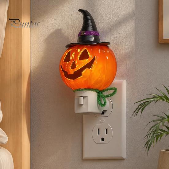 Steck-Nachtlicht Halloween Kürbis Geist mit Hexenhut, Harz Weiches Leuchten Geschenk für LED Schlafzimmerlicht, Gruselige Wandleuchte Party Heimbeleuchtung