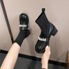 Fashion pearl flower buckle boots women thick high heels winter botas shoes japanned leather & knitting patchwork ankle botines female