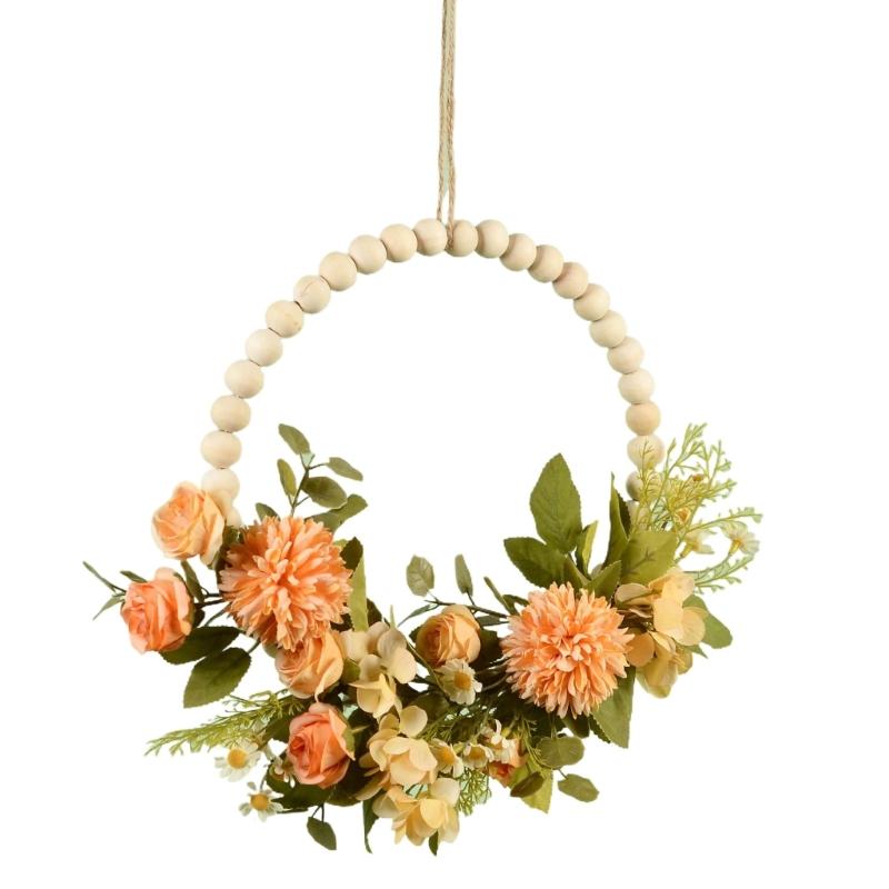 Artificial Flower Wood Beads Wreath Spring Wreath Decoration for Front Door Farmhouses Wedding Thanksgiving Decoration