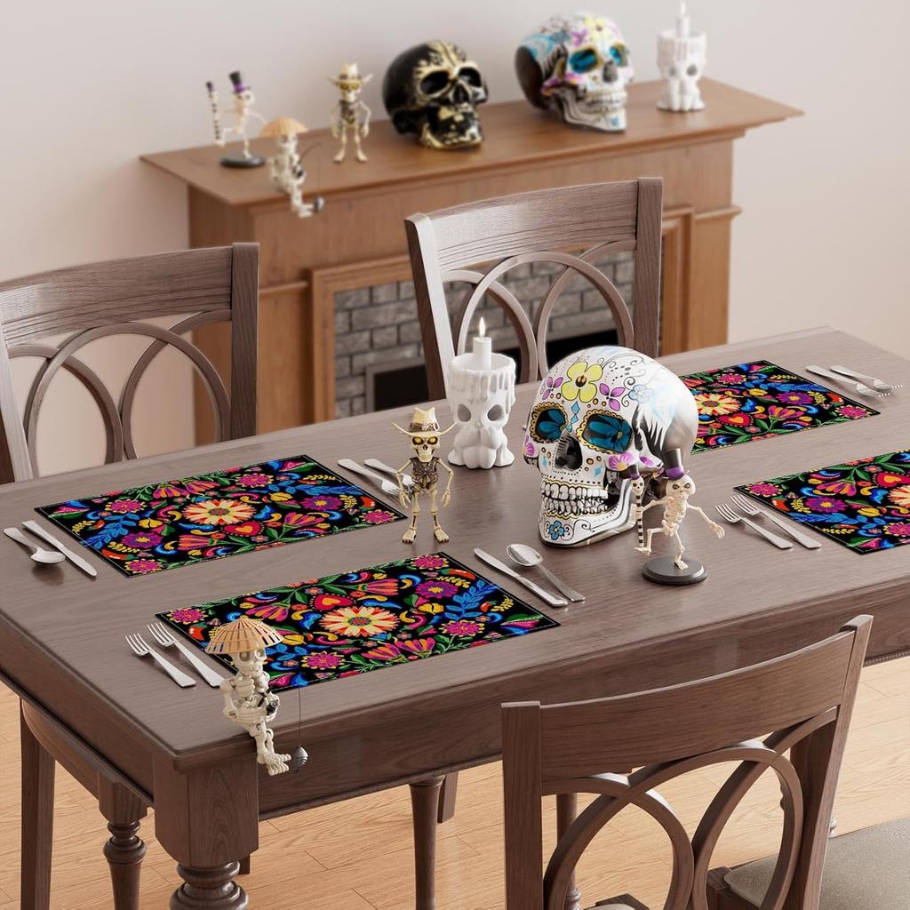 Colorful Flowers Peppers Dia De Los Muertos Cinco De Mayo Day of The Dead Placemats Set of 4 Table Mats for Party Home Kitchen Dining Table Decoration