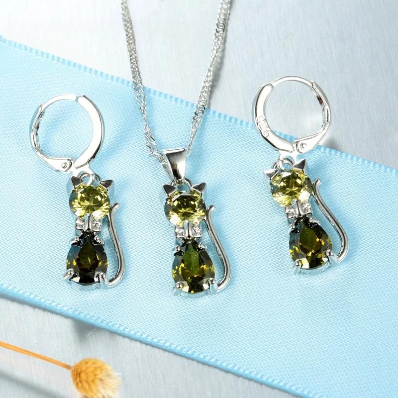925 Sterling Silver Color Jewelry Sets for Woman Girls Shining Austrian Crystal Cute Cat Pendant Necklace Huggie Earring