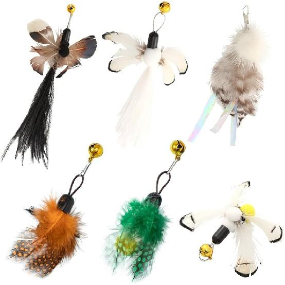 Cat ect Feather Toys Replacement Cat Toy Wand Refills, 6 Pieces Natural ect Cat Toy Feathers Refill, Interactive Cat Teaser Wand Attachments, with
