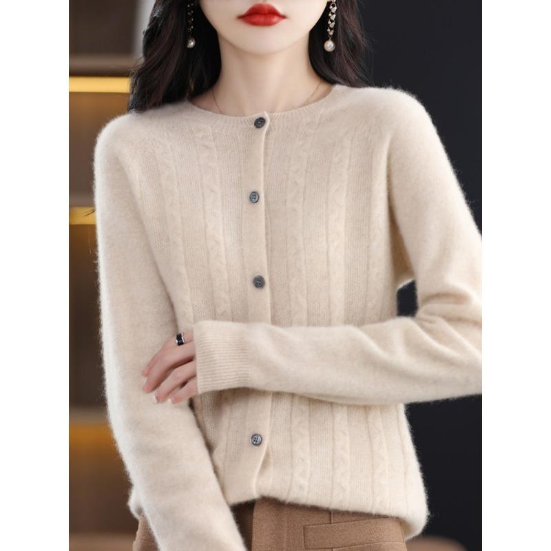 

Новый кардиган для женщин с круглым вырезом, однотонный, свободный, жаккардовый жакет-свитер, модный, универсальный вязаный топ S