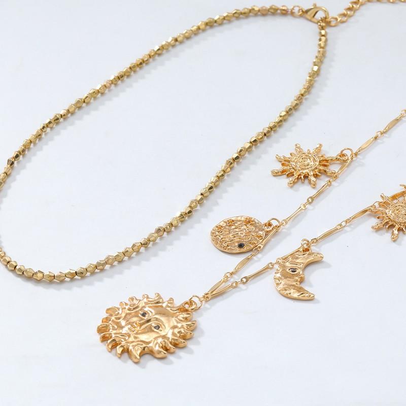Gold Tone Sun Moon Geometric Pendant Necklace Set Women Layered Minimalist Beach Vacation Jewelry Zinc Alloy Chain 41-50cm