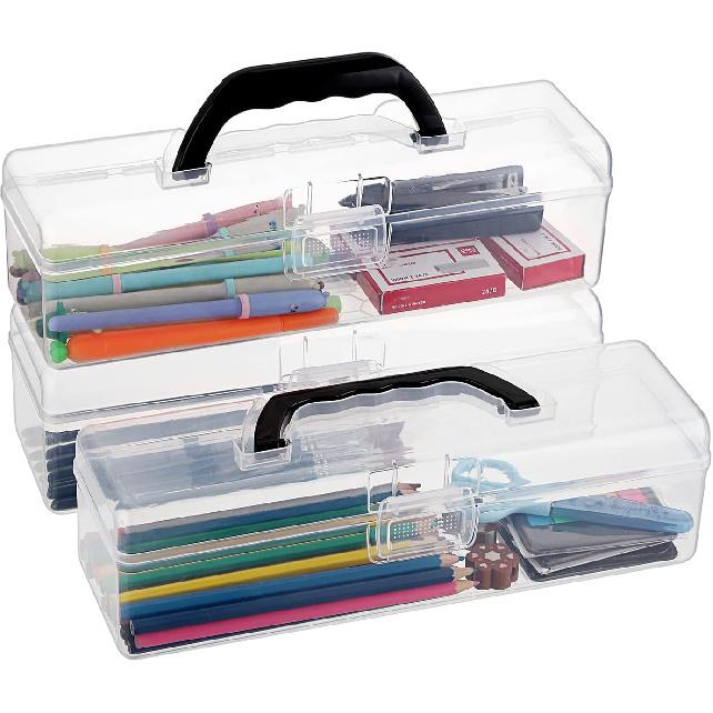 BTSKY 3 Pack Long Plastic Pencil Box Portable Clear Home Utility Boxes with Black Handle Stationery Storage Organizer Painting Tool Storage Container