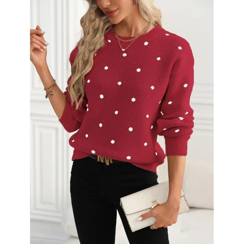 Women's Spring/Fall Crew Neck Long Sleeve Pullover Sweater Polka Dot Jacquard Casual Knit Top