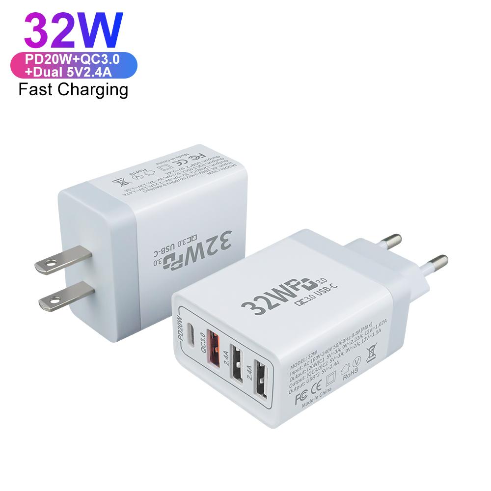 EU US Plug PD QC3.0 4 Port Charger 20W Charger Type C USB C Fast Charger Type-C Fast Charging Adapter for Apple IPhone Android