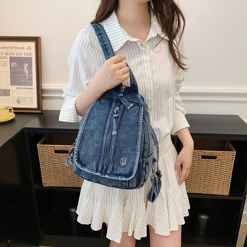 Vintage Solid Color Denim Backpack Large Capacity Multifunctional Chest Bag