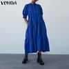 VONDA Summer Women's Ruffled Long Dress Puff Short Sleeve Button Down Solid Color Casual Loose Maxi Dresses Plus Size