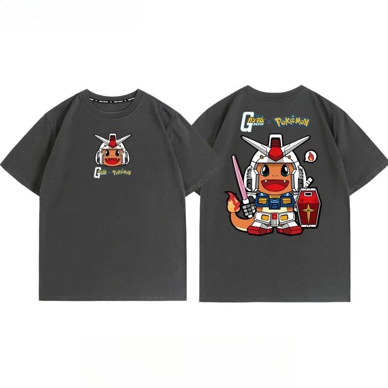 Pokémon Joint Mobile Suit Gundam Cartoon Short Sleeve Top Anime Peripheral Mens and Womens Summer TShirt Top Clothing
