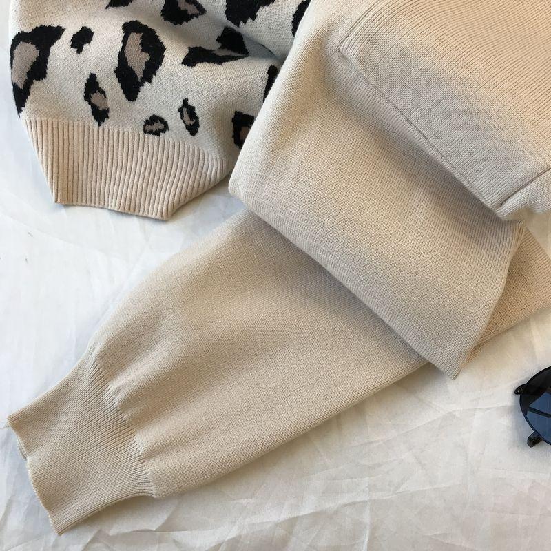 JPNTKY Autumn Collection Instagram Personalized Leopard Print Pullover Long-sleeved Knitted Sweater + Simple Skinny Pants Set