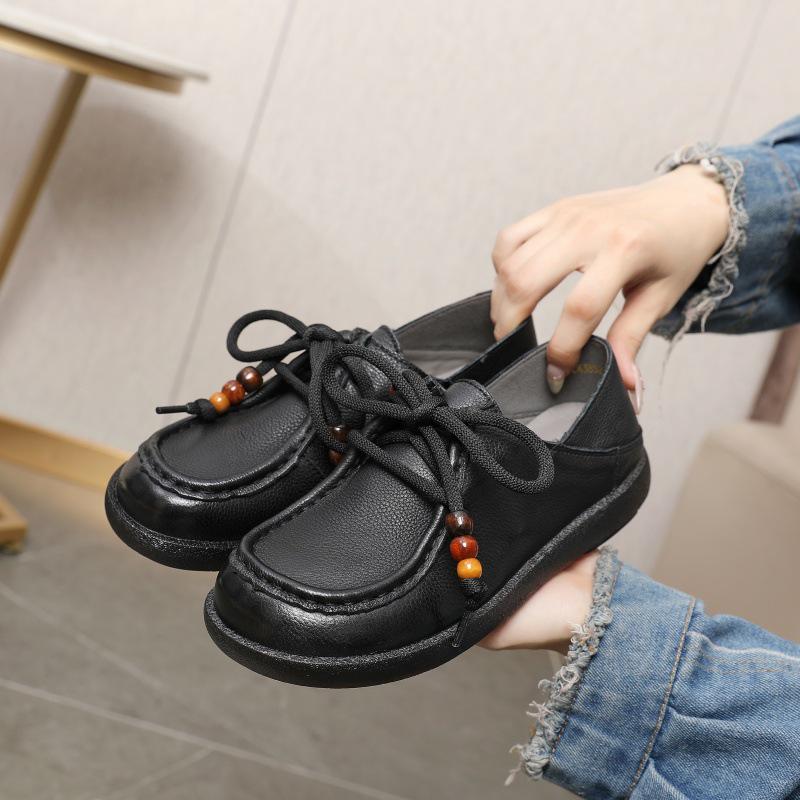 Women's Handmade Thick-Soled Lace-Up Wedge Shoes - Soft, Breathable Cowhide for Comfortable, Versatile Wear