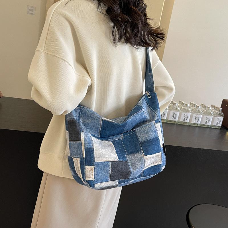 Große Kapazität Damen Denim Umhängetasche Patchwork Student Pendler Schultertasche