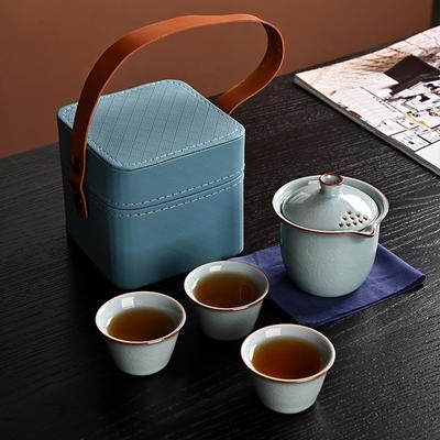 Set de ceai kung fu de călătorie Ge kiln ceainic portabil ceramic călătorie în aer liber portabil capac bol trei cești cadou