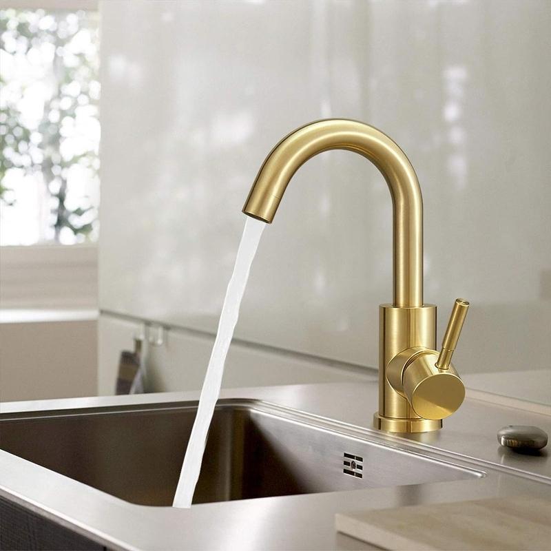 Stainless Steel Golden Bathroom Faucet Hot And Cold Countertop European Style Brushed Gold Small Curved Bathroom Sink Faucet