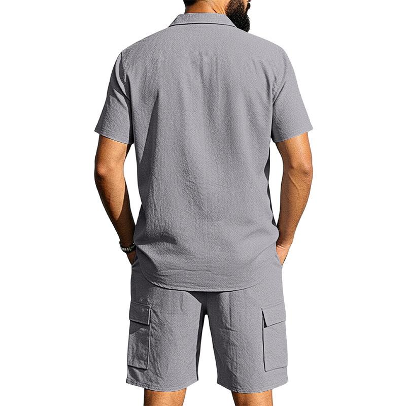 Casual Solid Color Linen Two Piece Sets Mens 2026 Spring Summer Fashion Short Sleeve Shirts and Shorts Outfits Men Linen Suits