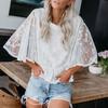 Damen Sommer Fledermausärmel Einfarbig Spitze Weißes Hemd Top